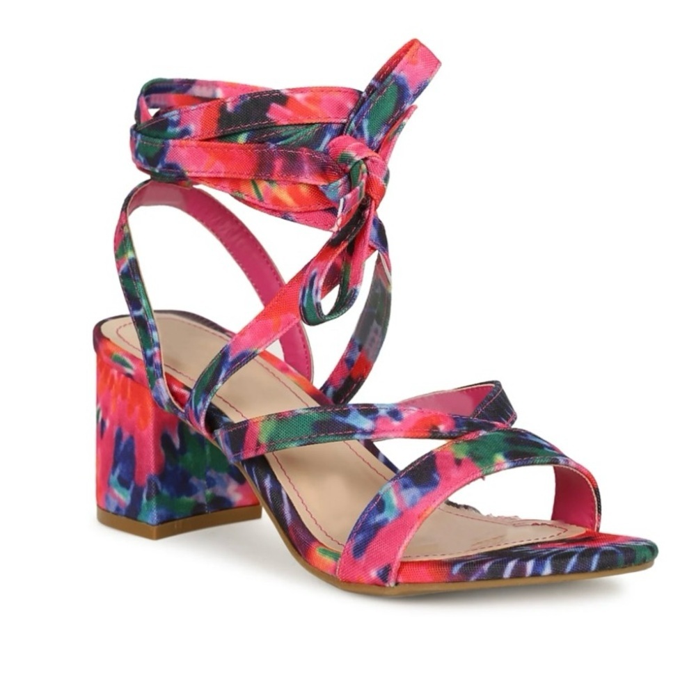 Bamboo Strappy Open Toe Tie Up Low Chunky Heel Pink Tie Dye Size 8.5